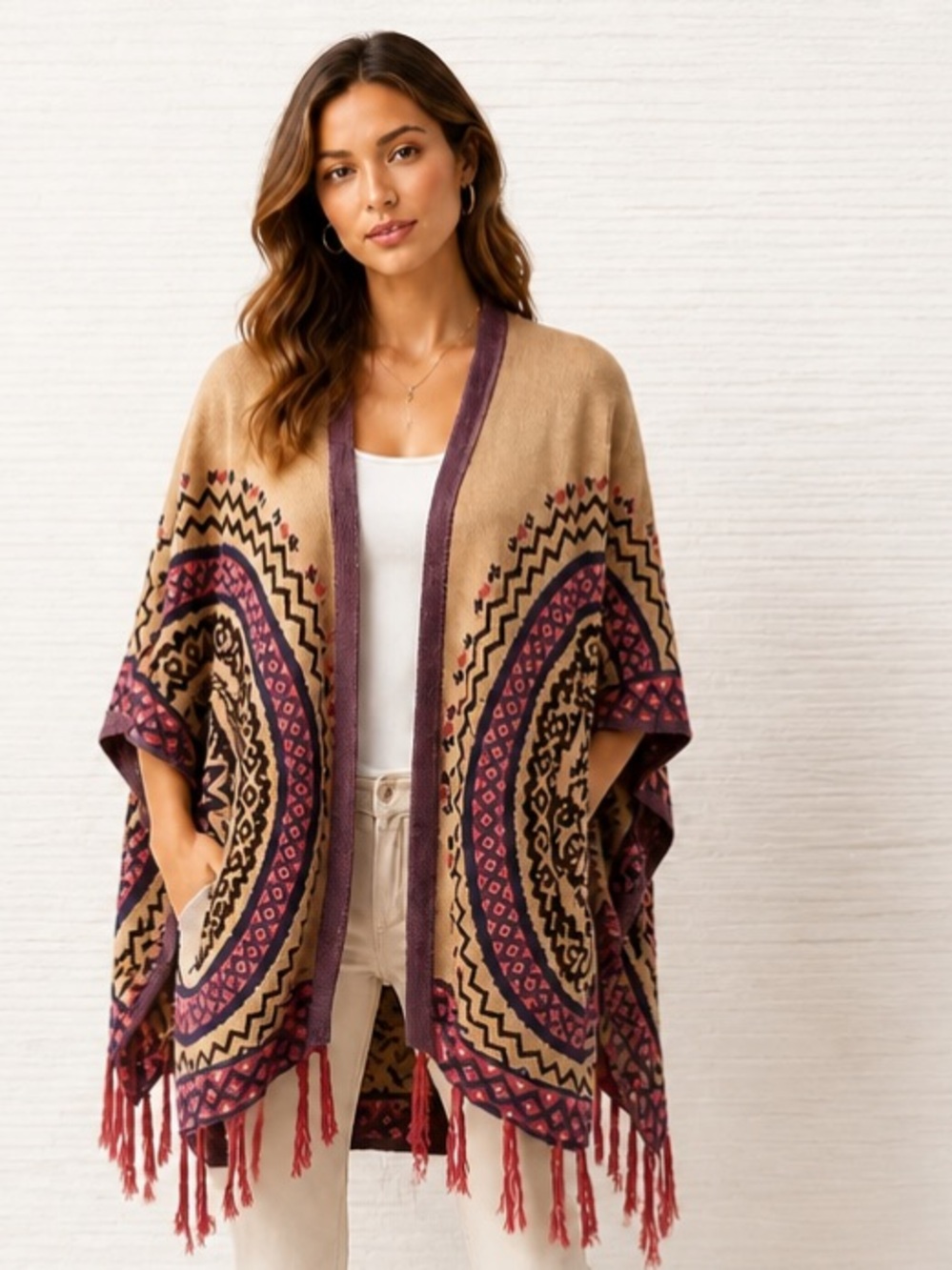 FLYING TOMATO Sweater Cardigan Boho Tribal Aztec Poncho Cape Fringe